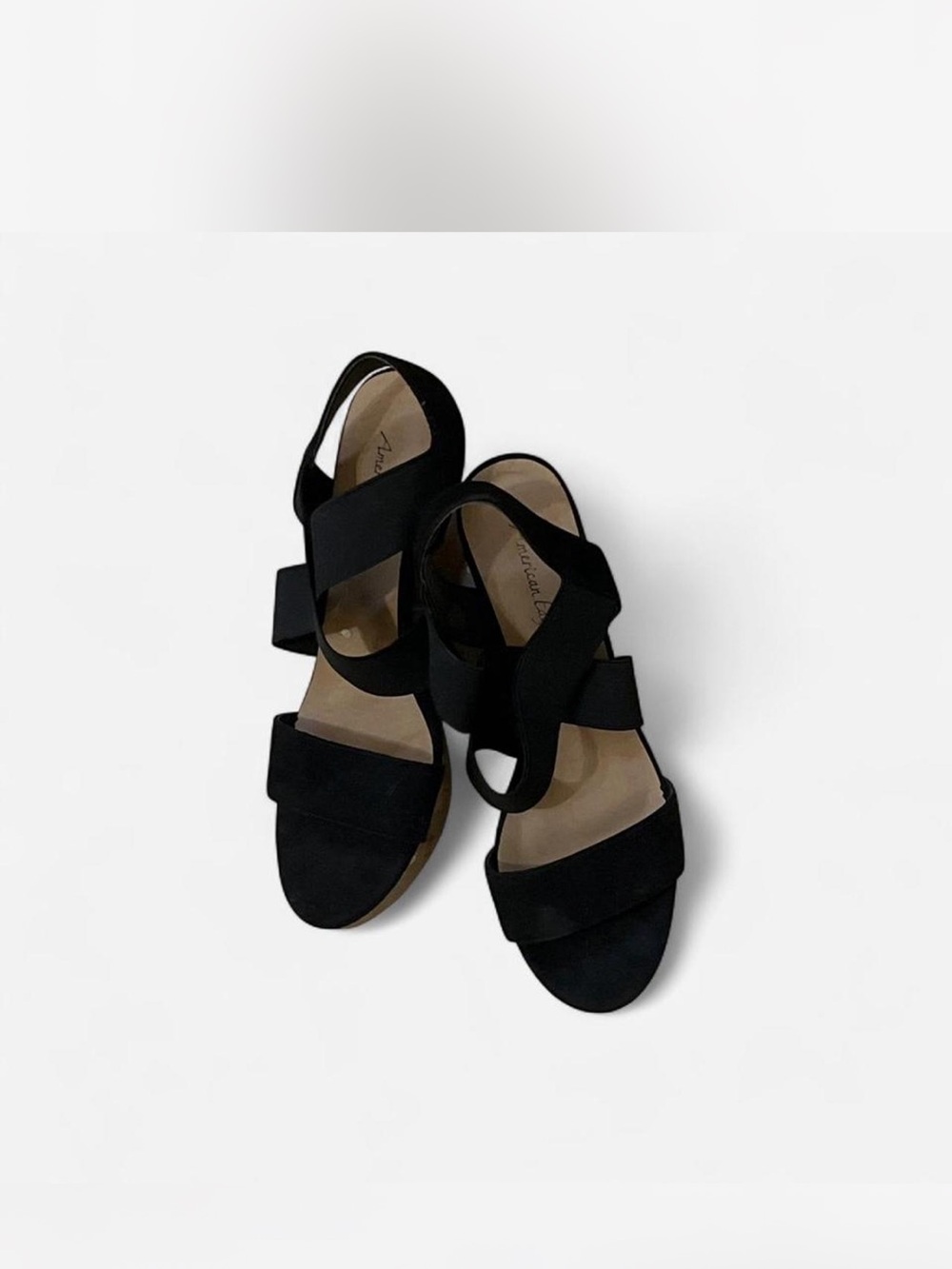 American Eagle By Payless Black Elastic Strap Wedge Sandals